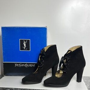 Yves Saint Laurent YSL Sz 9 Black Sude Silk Lace Up Ankle Heel Boots with Box